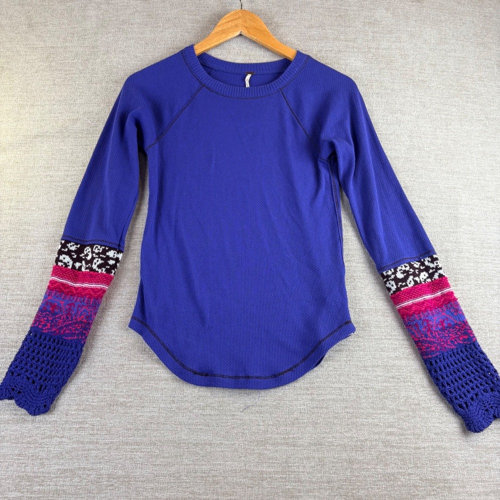 Free People In The Mix Waffle Knit Thermal Mixed Media Crochet Cuff Boho Top Med